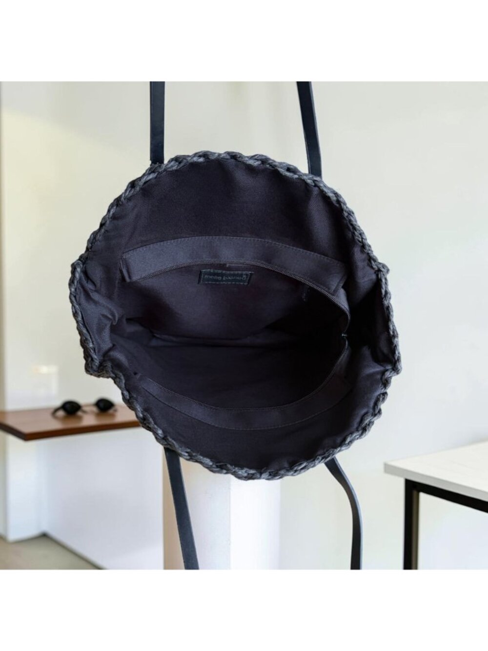 Melie Bianco Ciara Natural Straw Woven Round Circle Bag Purse Black - Picture 8 of 10